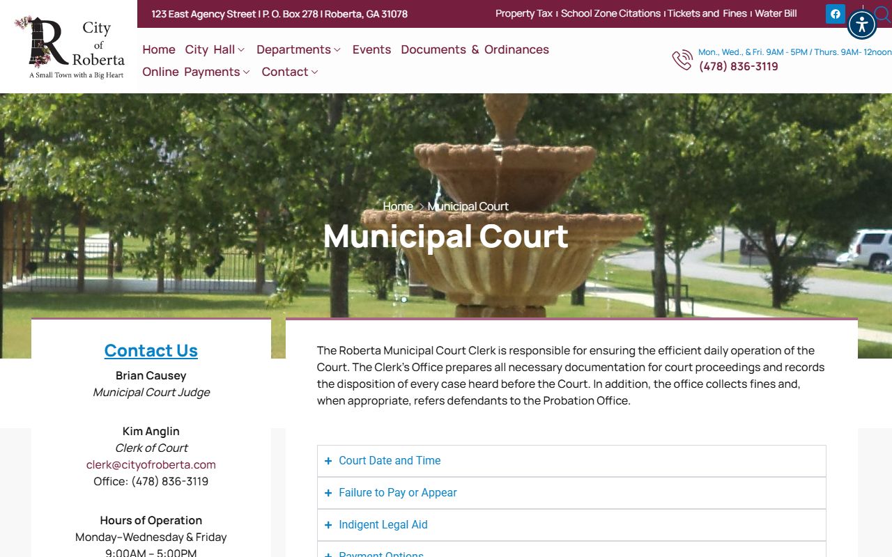 Crawford County traffic court records Roberta Municipal Court page